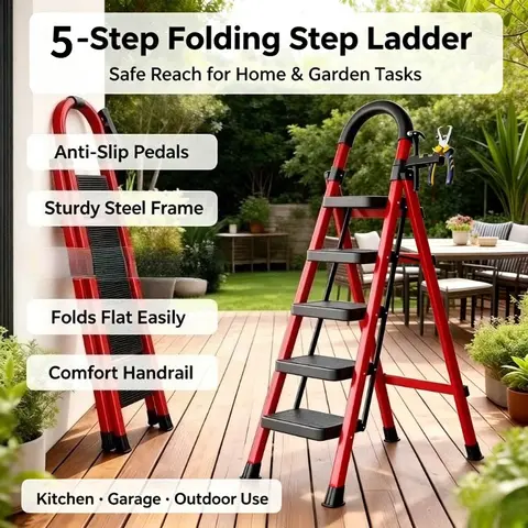 Heavy Duty 500 lbs Folding Step Ladder, Steel Step Portable Foldable 5‑Tier Household Step Ladder Thick Steel Frame Non‑Slip Rubber Feet Ergonomic Curved Handrail Tool Storage Hook Multi‑Use Step Stool for Cleaning Outdoor Gardening Home Maintenance