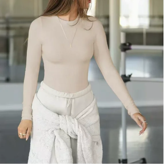 Elegant Autumn Women's T-Shirt Slim Fit Slimming O-neck Turned Up Tight Versatile Base Top Solid Color Long Sleeve T-Shirt tops - Image 4