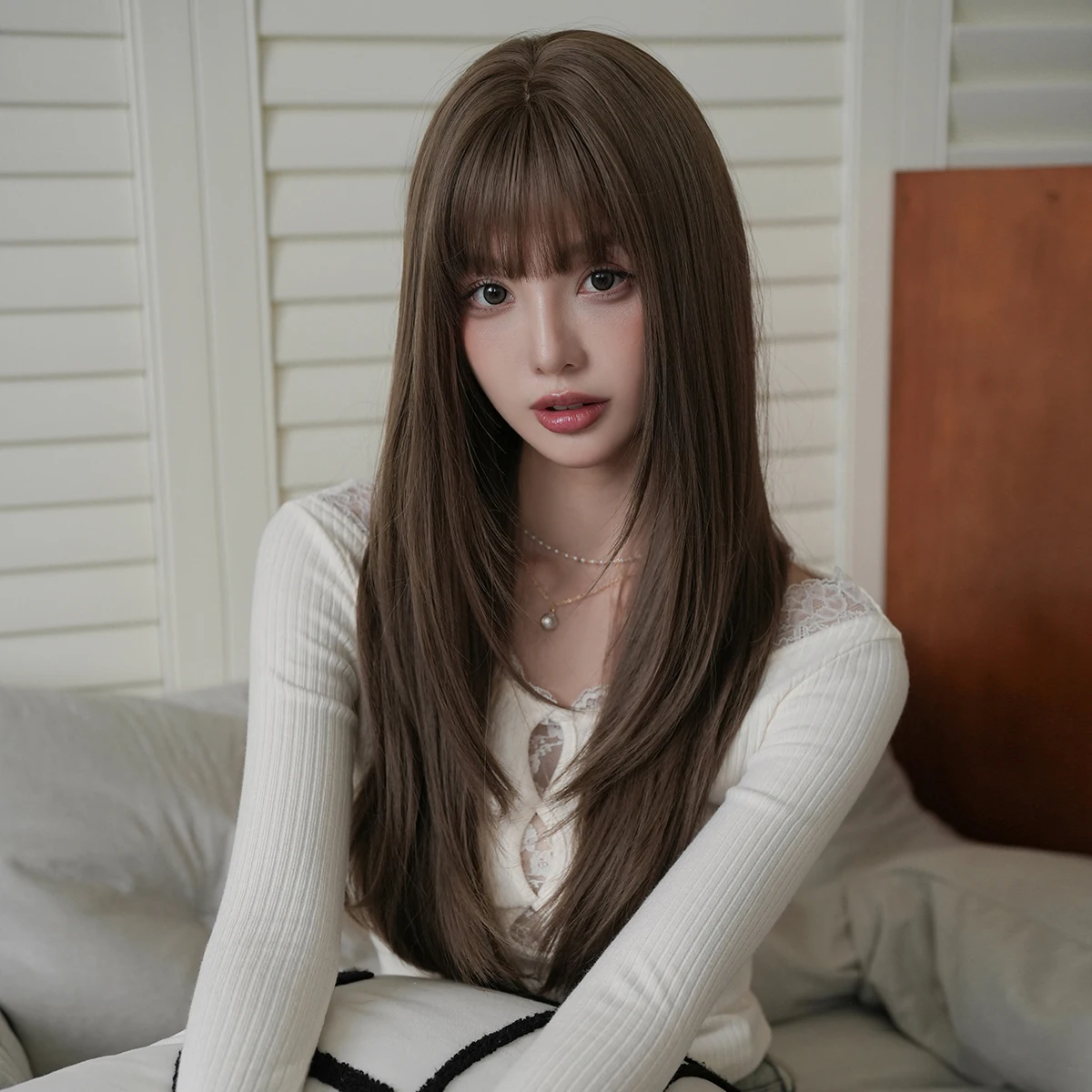 7JHH WIGS Long Straight Layered Dark Brown Wig for Women Synthetic Modest Fashion Wear and Go Chocolate Wigs with Neat Bangs