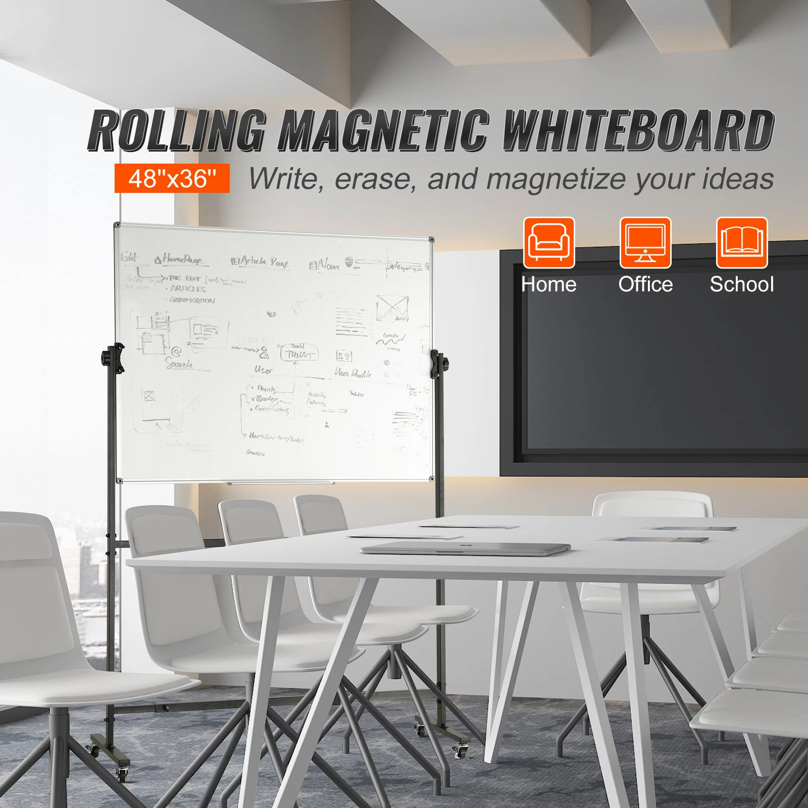 SucceBuy Rolling Magnetic Whiteboard Double-Sided Mobile Whiteboard 360° Reversible Adjustable Height Dry Erase Board for School