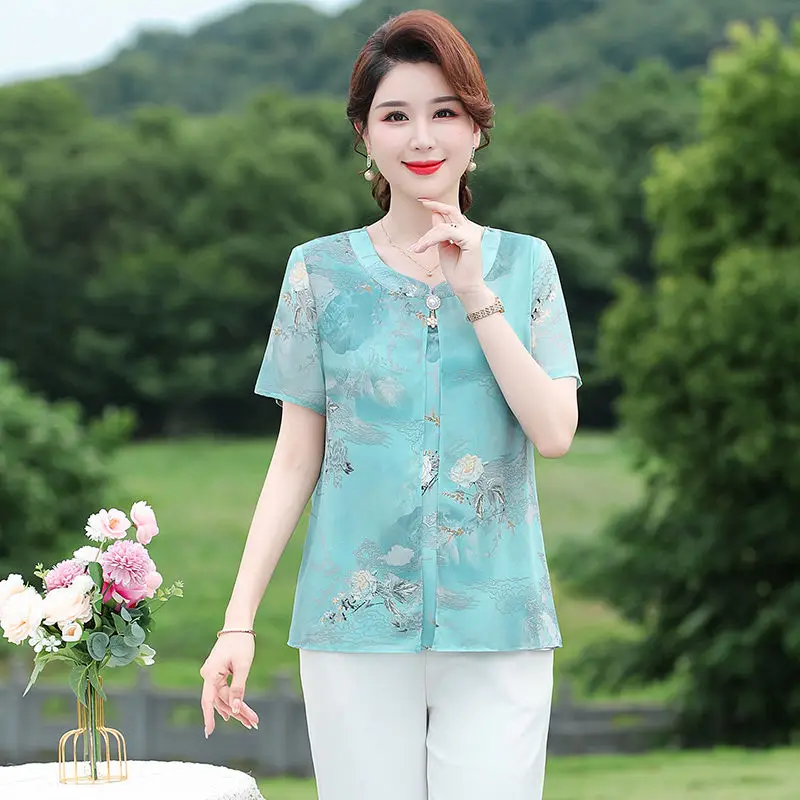 Camisa de gasa de manga corta de verano para mamá, camiseta de moda, Top ajustado de moda