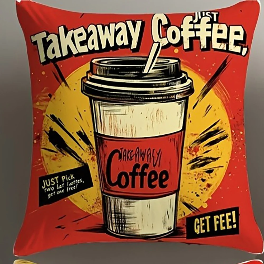 Retro Coffee Cup Graphic Cushion Cover Vintage‑style Decorative Sofa Pillow Case