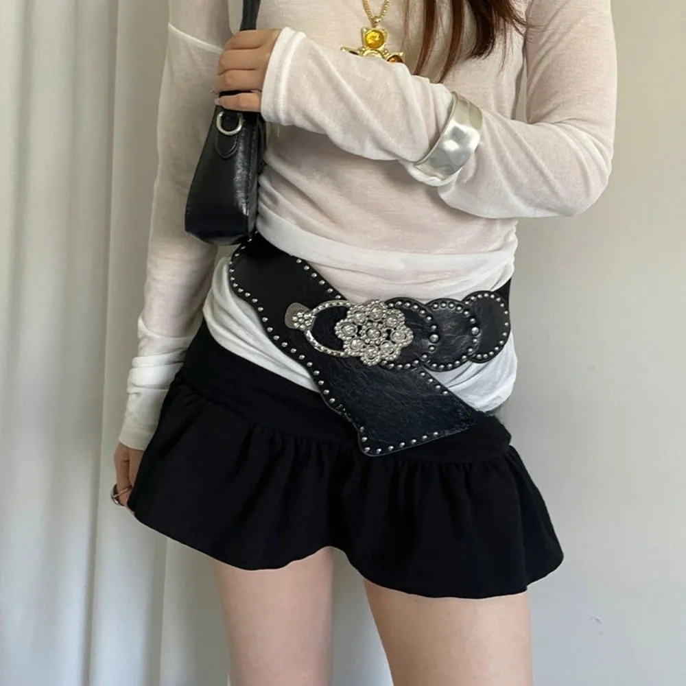 الرجعية برشام الرجعية الشارع برشام حزام Harajuku حجر الراين زهرة واسعة حزام Y2K الجمالية بولي Leather حزام جلد فتاة