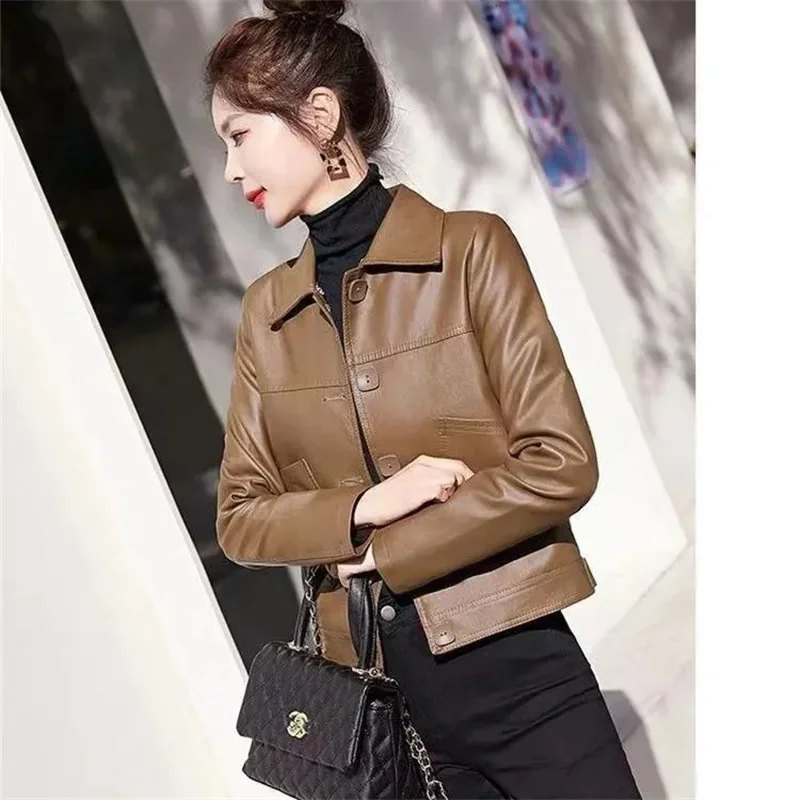 Ladies Slim Leather Coat In Autumn And Winter Short Casual Solid Color Single-Breasted Slim Ladies Suit Collar Outerwear L248