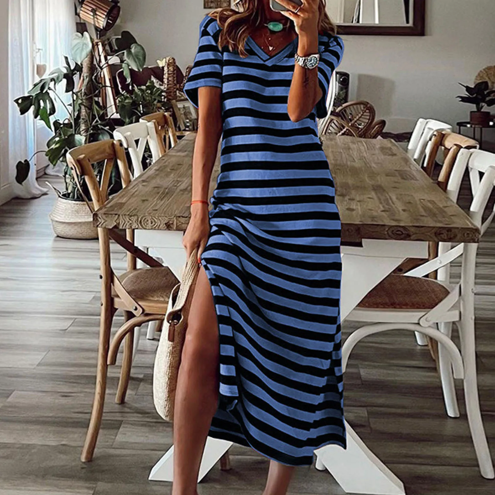 

Women Casual Summer Stripe Print Maxi Dresses Straight Party Dress V-Neck Short Sleeve Long Dresses For Women Vestido De Mujer