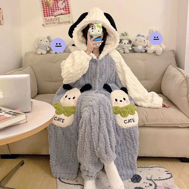 

Sanrio Hello Kitty Kuromi My Melody Pochacco женский зимний фланелевой пижамный комплект из кораллового флиса с длинными рукавами, плюшевая домашняя одежда для сна