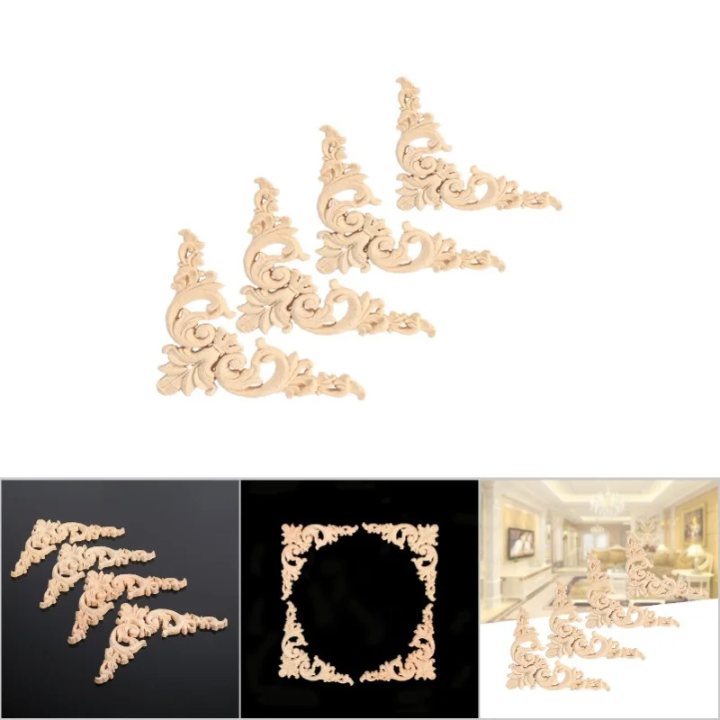 4PCS Rubber Wood Carved Corner Onlay Applique Furniture Flower Shape Unpainted 12x 12cm