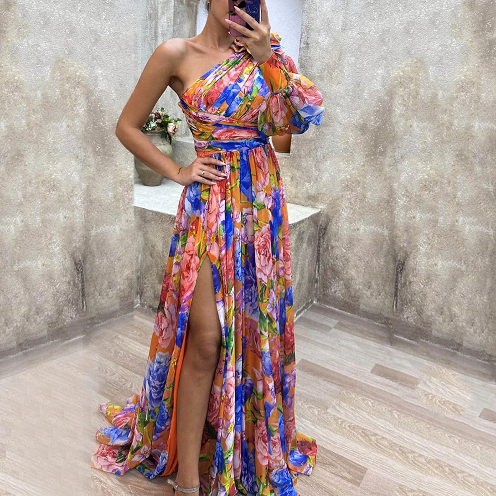 

Women Gathering Casual Split Gift Dress Loose Color Shoulder Dress one side floral Split skirt hem print summer holiday vestidos