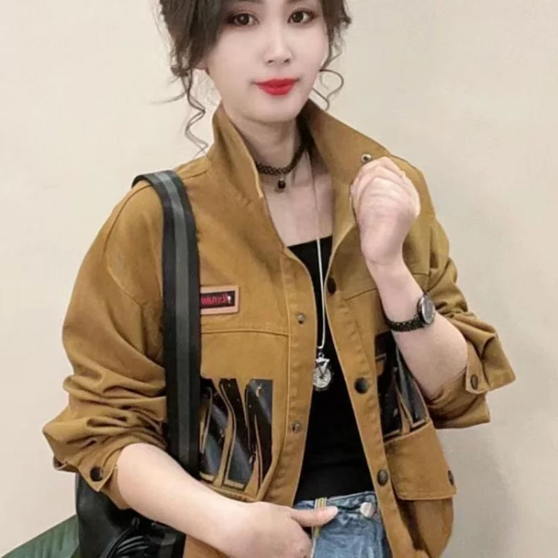 Fashionable Stand-up Collar Denim Short Jacket for Women 2025 Spring New Korean High Street Letter Short Top