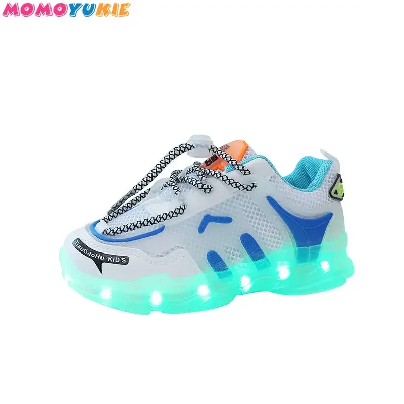 Zapatillas de deporte de verano 2023 para niñas, niños, zapatillas Led de malla, zapatos informales transpirables, carga USB, zapatos LED para