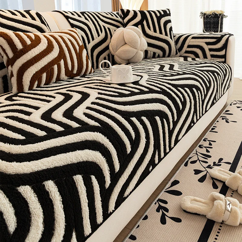 Autumn Winter Thick Striped Sofa Cushion Cozy Warm Non-Slip Sofa Cover for Living Room Easy-Care Dustproof Furniture Protector