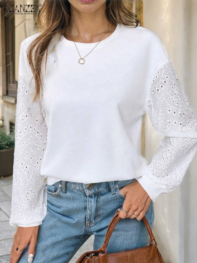 Autumn Office Work Blouse Women Sweatshirts Stylish Casual OL Shirt ZANZEA Spring Elegant Long Sleeve Lace Crochet Hoodies Tops