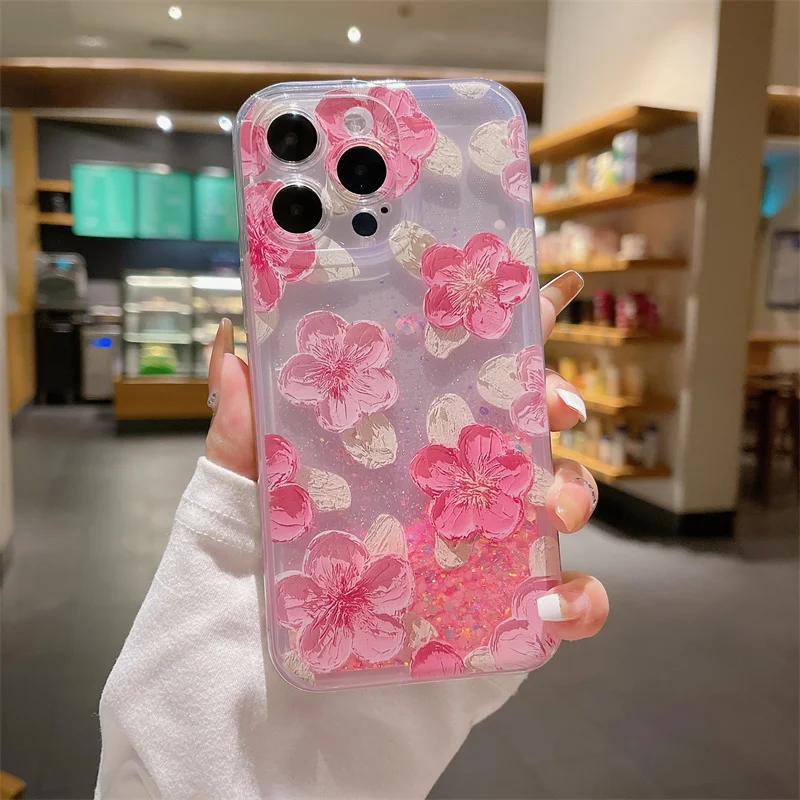 Blumen ölgemälde Fall für iPhone 13 Pro Max 14 16 15 plus Telefon abdeckung Leucht glanz Brill antes Treibsand Liquid Coque Funda