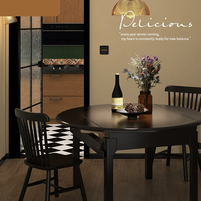 

Nordic solid wood telescopic folding dining table black modern simple rectangular variable round dining table household small