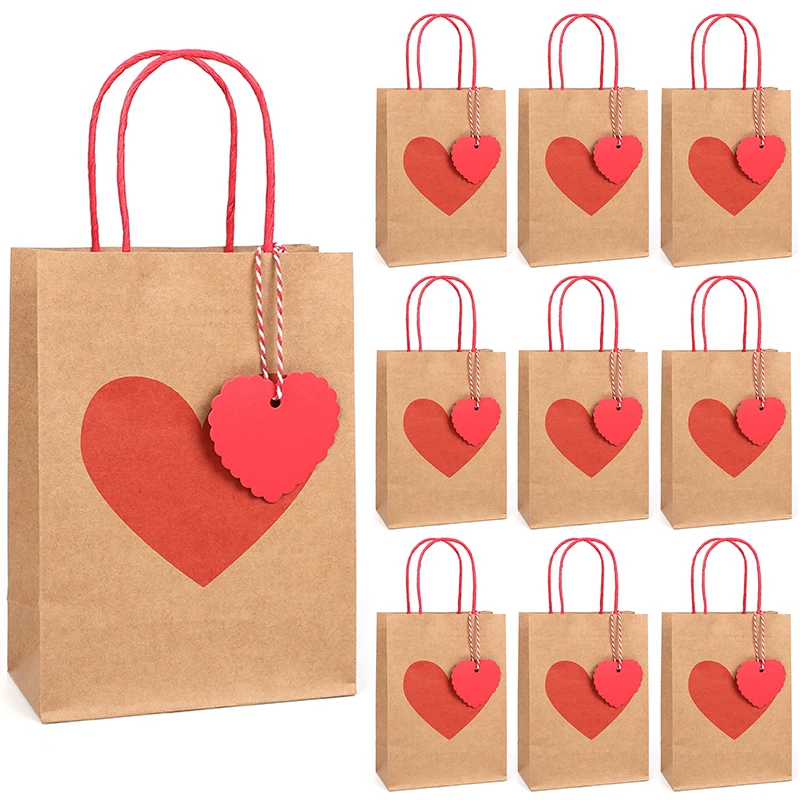 

10pcs Valentines Day Kraft Paper Bags With Tags Candy Bags With Handles Heart Love Paper Bags Wedding Party Gift Packaging Bag