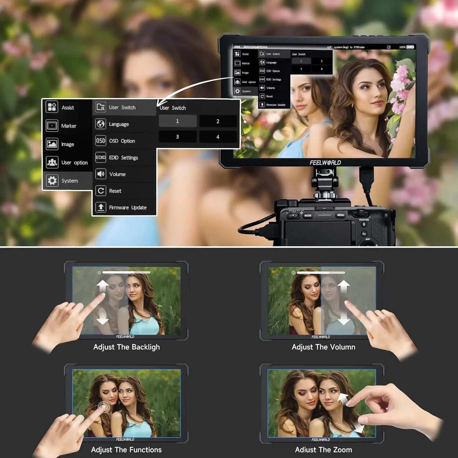 شاشة كاميرا Feelworld T10 مقاس 10.1 بوصة 1920x1200 4K متوافقة مع HDMI شاشة لمس ثلاثية الأبعاد LUT شاشة مراقبة ميدانية لتسجيل المقابلة