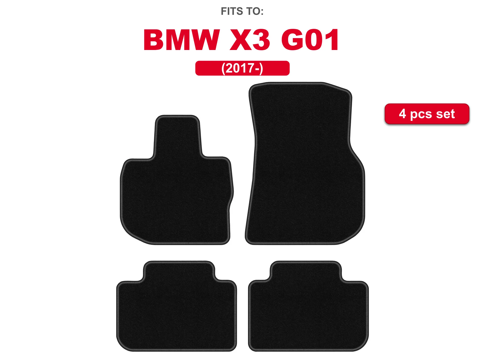 Velours autovloermatten voor: BMW X3 G01 2017- SUV, zwarte kleur, passend voor de auto, complete set.