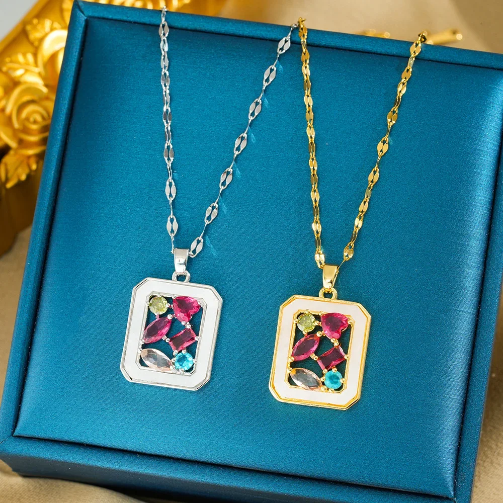 سلسلة الترقوة النسائية الفاخرة والخفيفة، قلادة رائعة من الصلب المربعة من الزركون الملون غير المنتظم