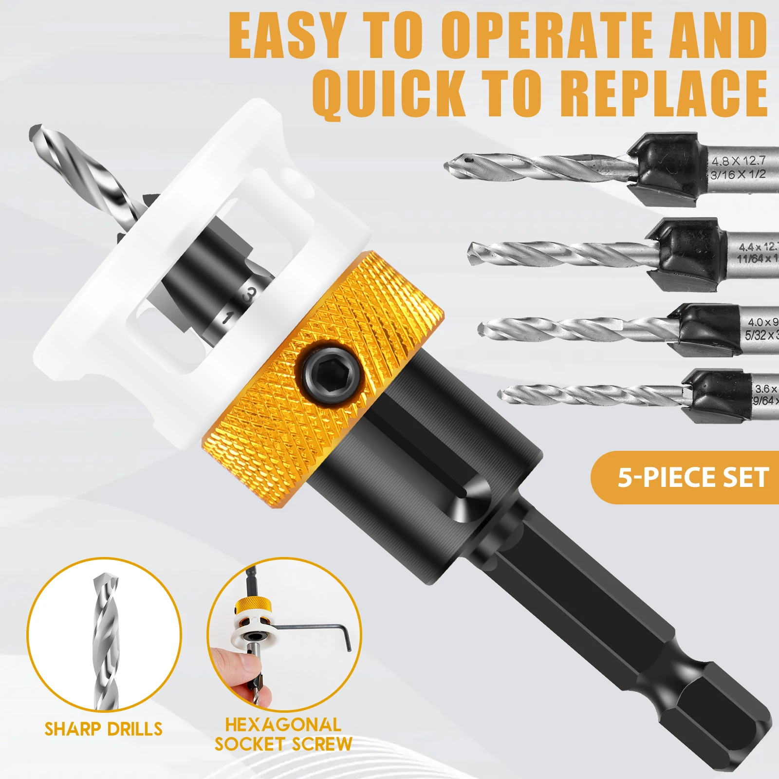 Countersink Drill Bit Set with Adjustable Depth Stop Quick Change Countersink Drill with Replaceable Drill Bits Countersink