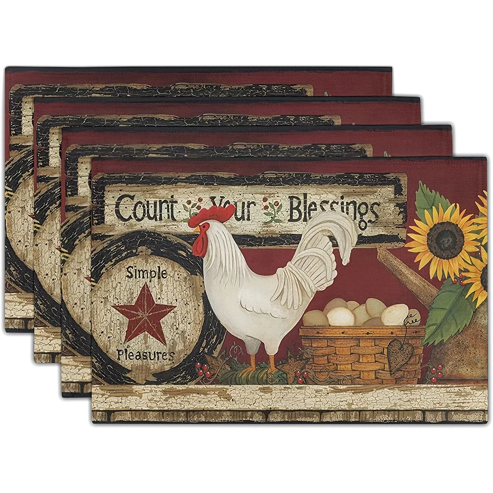 

4pcs Giwawa Vintage Rooster Placemats Set of 4 Farmhouse Chicken Table Mat Rustic Country Style Farm Animal Print Heat Resistant