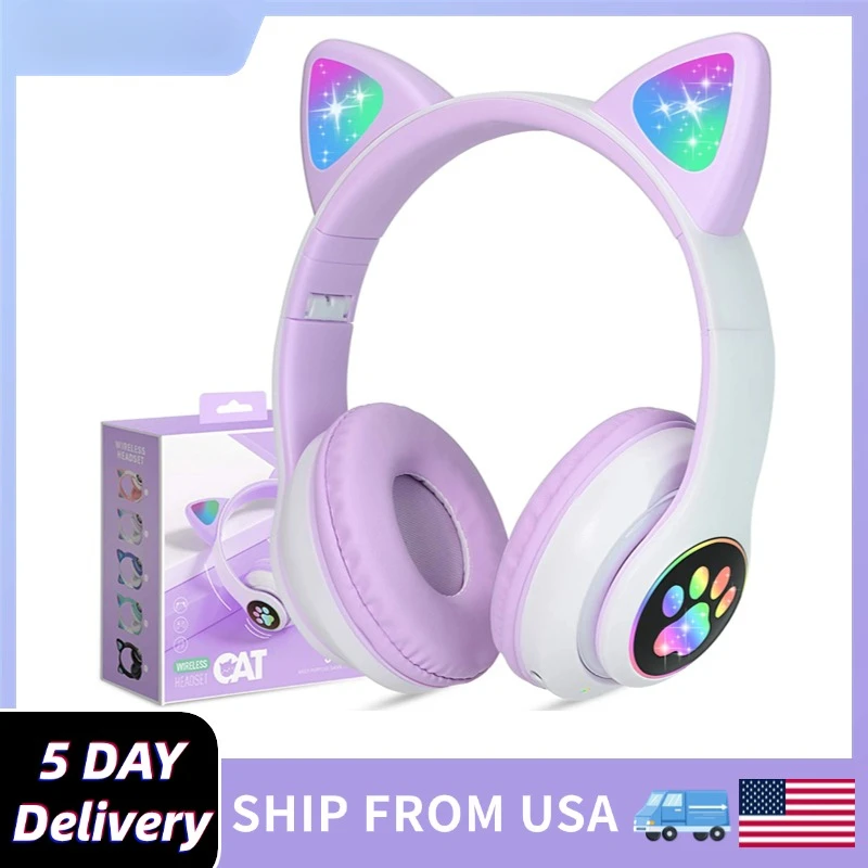 Cute Cat Headphones Bluetooth 5.0 Kids Wireless Headset with Mic Led Light Headphones for Ipad Laptop Girl Birthday Gift