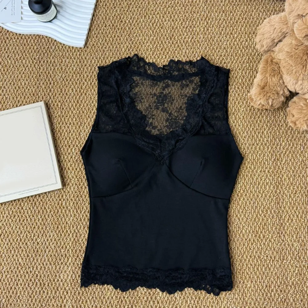 

Fashion Mesh Transparent Lace Deep-v Camisole Sleeveless Thin Lace Crop Tops Slim Fit Undershirt Suspender Vest with Pads Ladies