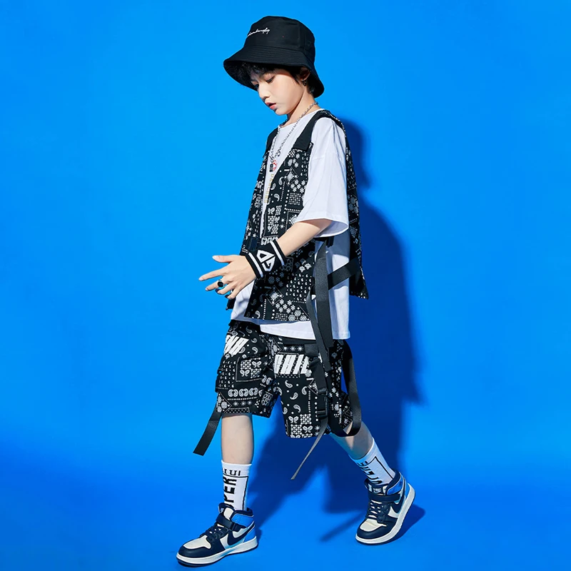 Boys Hip Hop Costume Kids Street Dance Clothes Girls Fashion Print Vest Shorts Summer Jazz Concert Drum Performance Wear BL8375