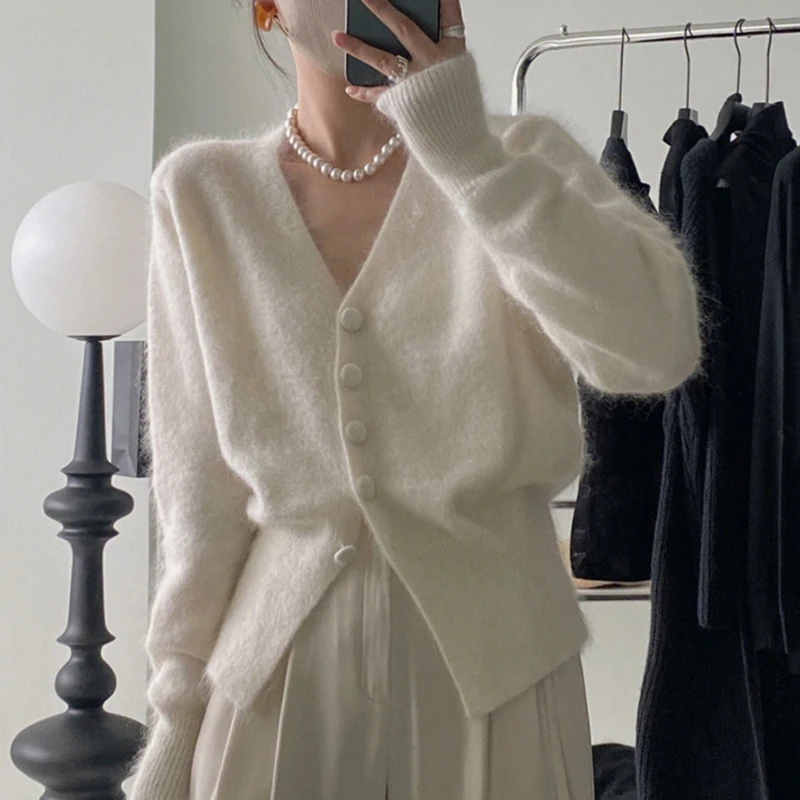 

Fashion V Neck Knitting Cardigan for Women Korean Slim Waist Long Sleeve Sweater Cardigan Woman Single Breasted Warm Cardigans