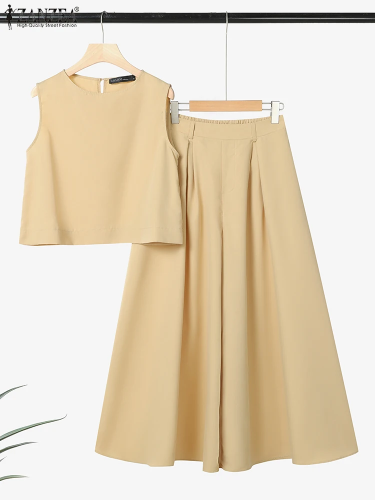 ZANZEA ฤดูร้อนกางเกงขากว้าง 2 ชิ้นชุดหลวม Crop Tops ผู้หญิงแฟชั่น 2 ชิ้นชุดสบายๆกางเกงชุด