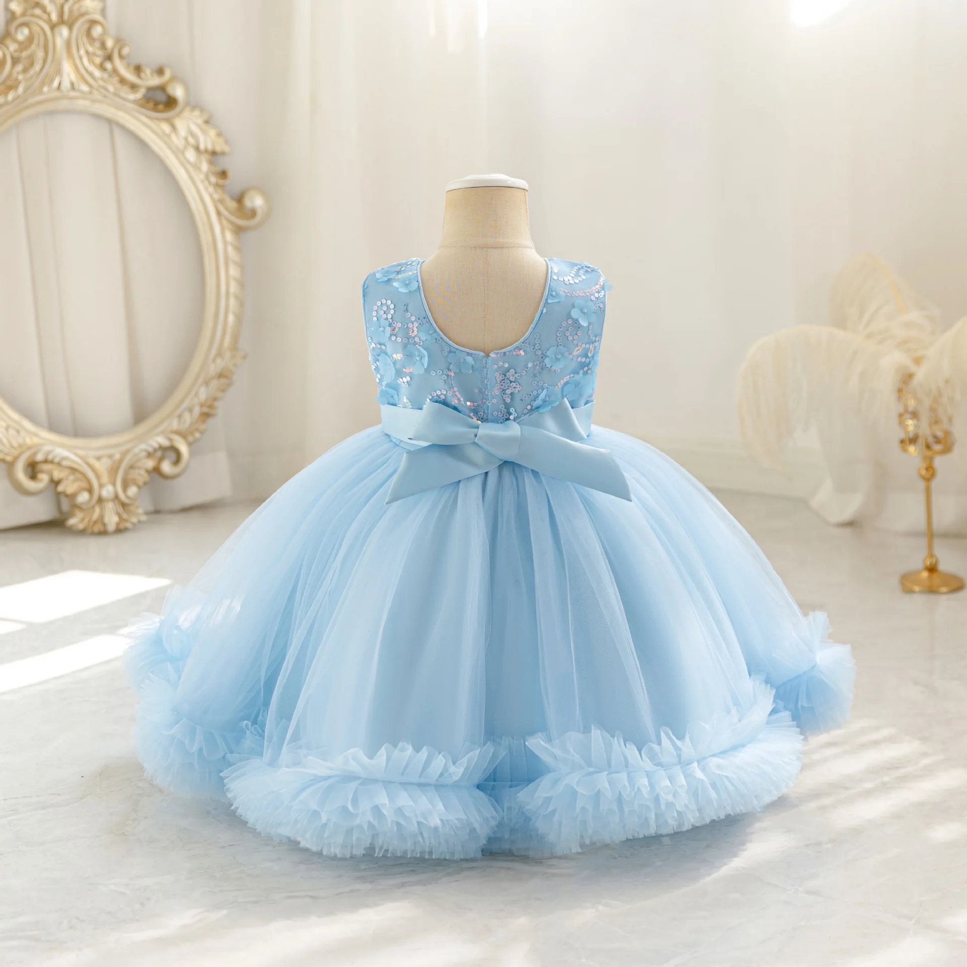 HETISO Tulle Puffy Flower Girls Dresses Sky Blue Lace Sequins Kids Birthday Princess Ball Gowns For First Communion Party view 3