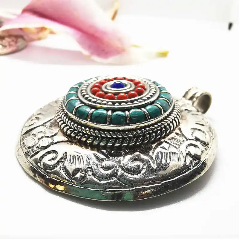 TBP215 Tibetan Jewelry Nepal Vintage Pendant Copper Inlay Colorful Stone Big Round Pendants