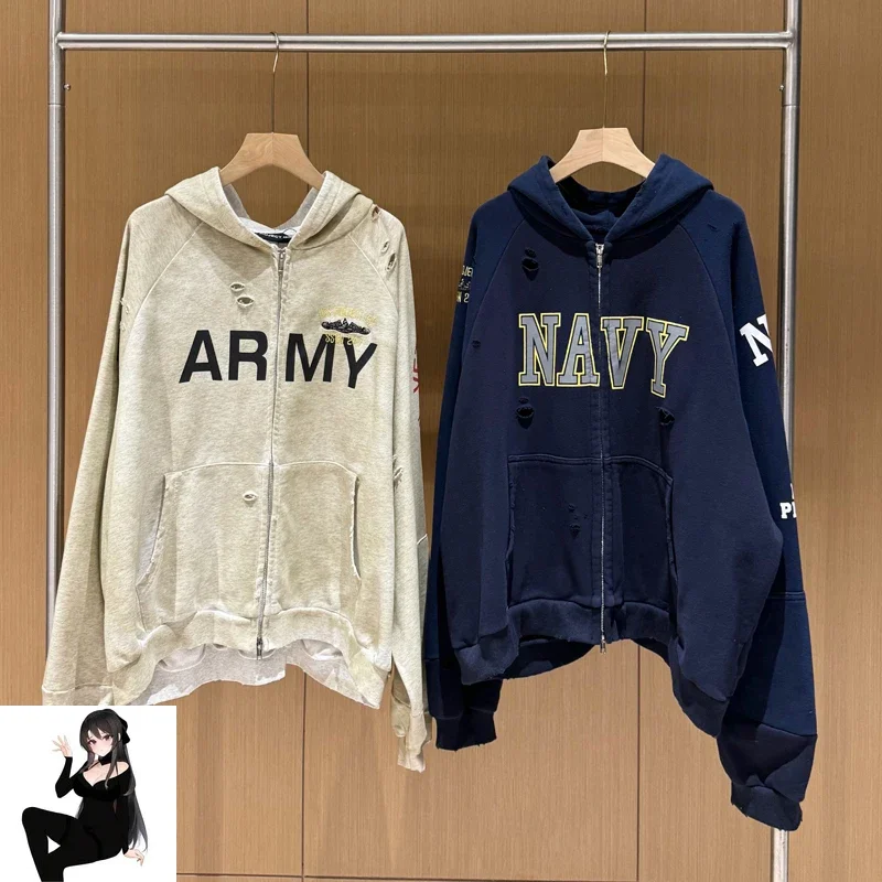 Stain Fake Two Pieces Grailz Project Hole Damage Zipper Hoodie Men Women Vintage Distress Badge Print Sweatshirts Loose Jacket