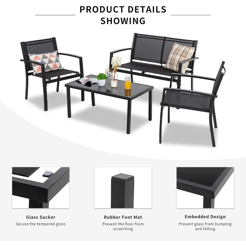 4-piece courtyard furniture set, modern design, durable steel frame, comfortable textile cushion, easy to move and clean