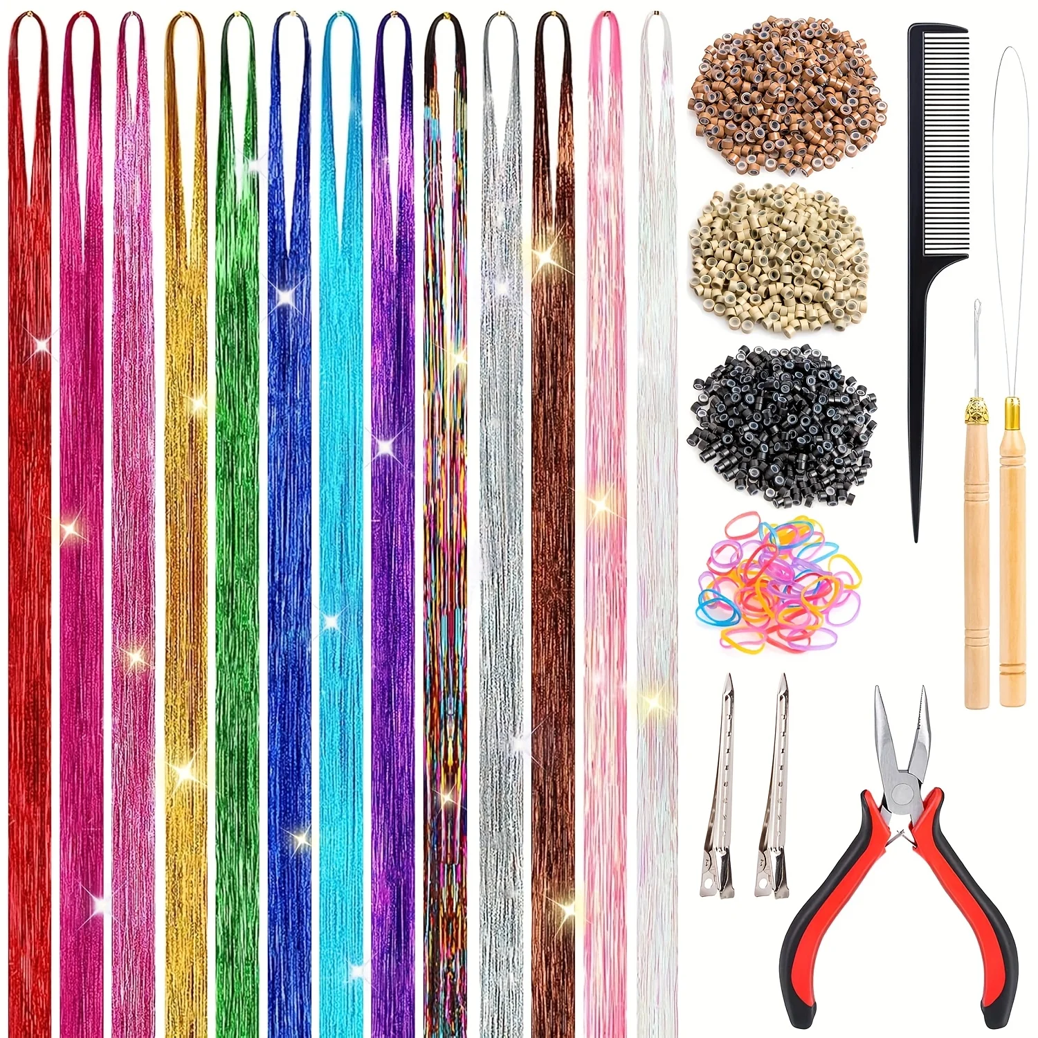 

2600 Strands 48" Glitter Synthetic Hair Accessory Kit with Tools Heat-Resistant strands for Braids Ponytailsfor Parties Weddings