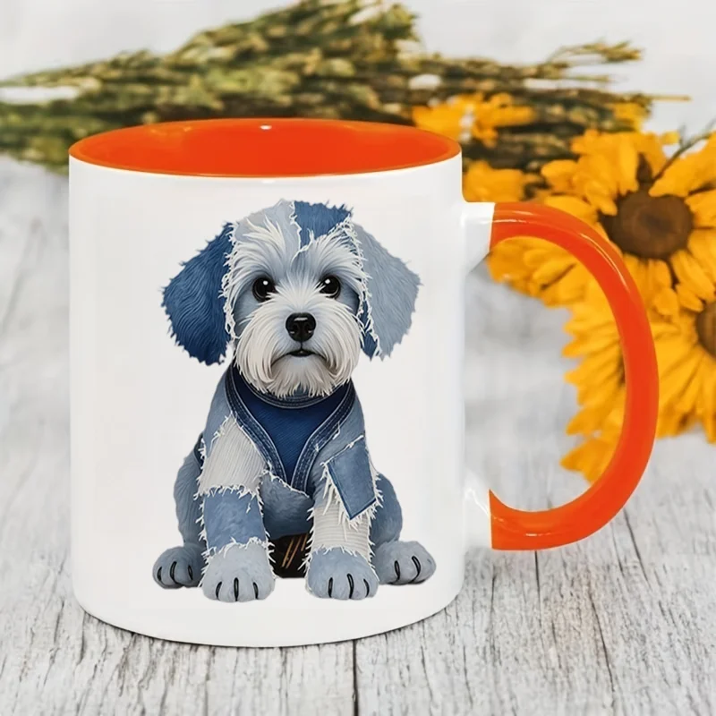 Cute Denim Puppy Print Ceramic Coffee Mug, 11oz 350ml Colorful Print Mug, Personalized Custom Mug, Microwave Safe, Cute Aestheti