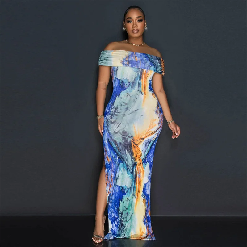 

Женское летнее платье с открытыми плечами и воротником-лодочкой, Элегантное Длинное Платье с принтом, облегающее Привлекательное платье для отпуска с разрезом с двух сторон