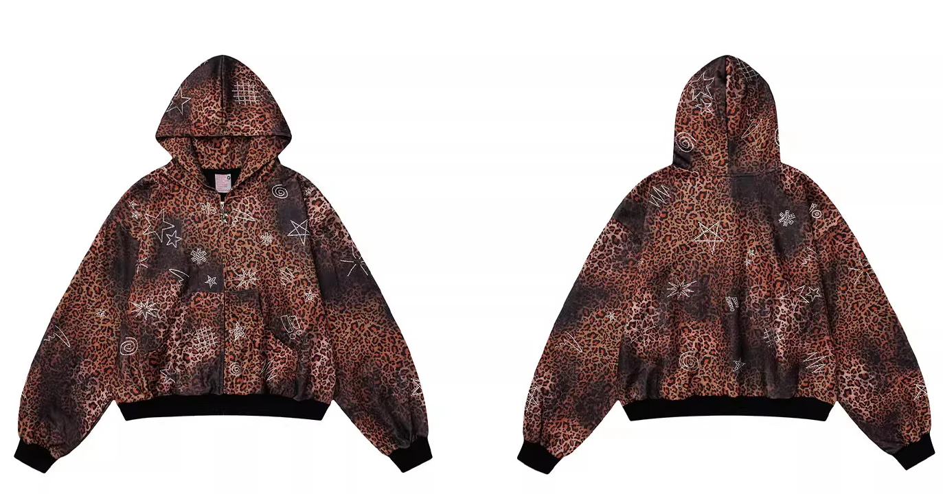 Men Women 2025 Autumn New Trendy Versatile Jackets Retro Star Rhinestone Leopard Print Stylish Hooded Zipper Sweatshirts Coats