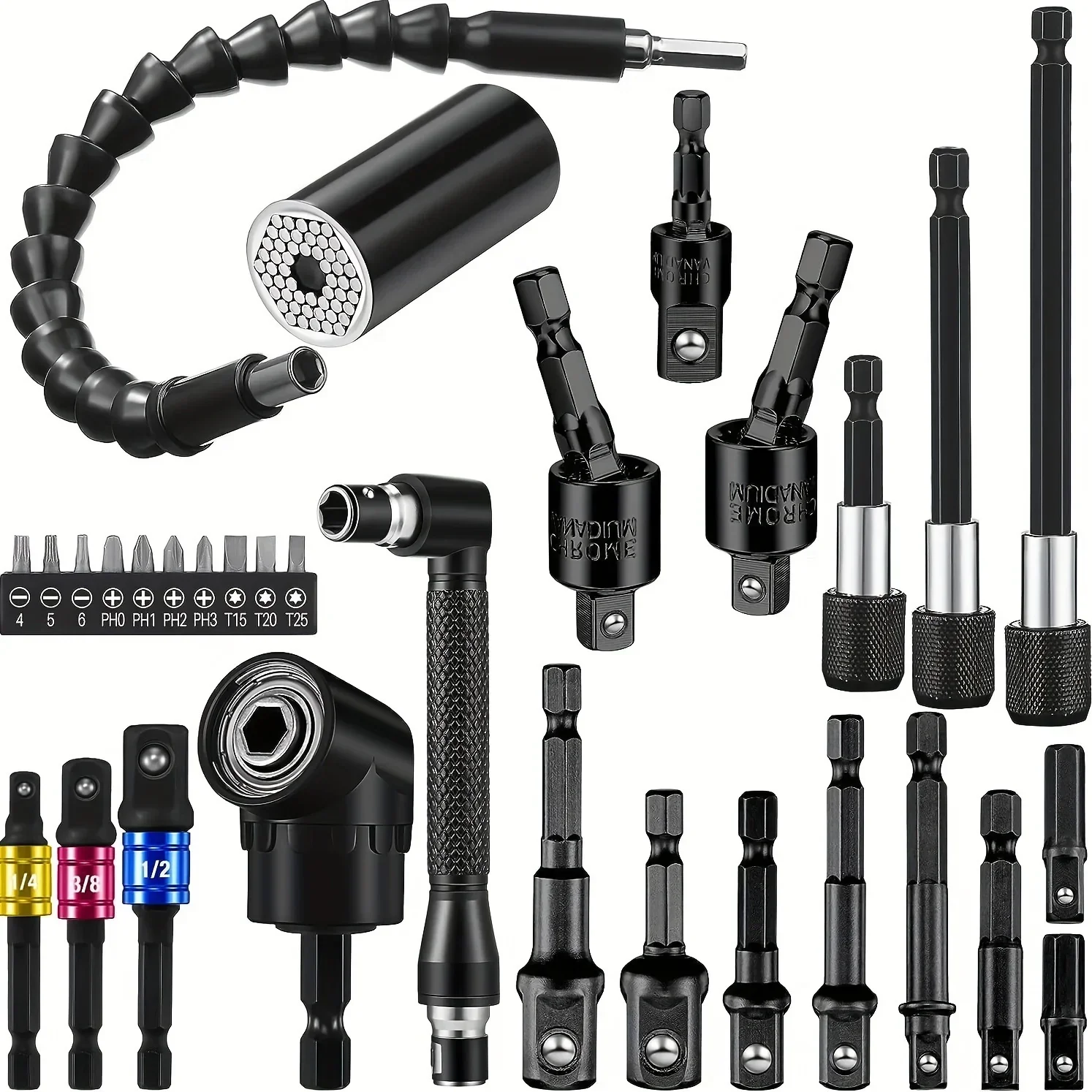 31-Piece Impact Drill Adapter Set ，Right Angle & Extension Bits, 360° Rotatable,105° Screwdriver Heads for DIY & Industrial Use