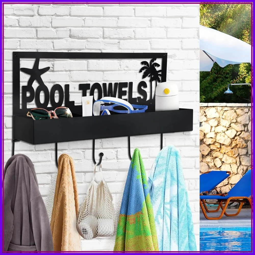 

2-in-1 Pool Towel Rack, Wall Mounted Metal Hooks for Bath Towel Storage, Robe Swimsuit Coat Bags Phone Keys Holder