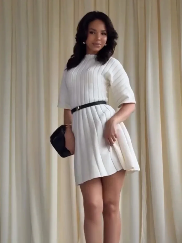 

Женское модное универсальное короткое платье HH 2026 с пышными рукавами, вязаное в рубчик, шикарное, 2 цвета, с круглым вырезом, А-силуэт, мини-платье Mujer