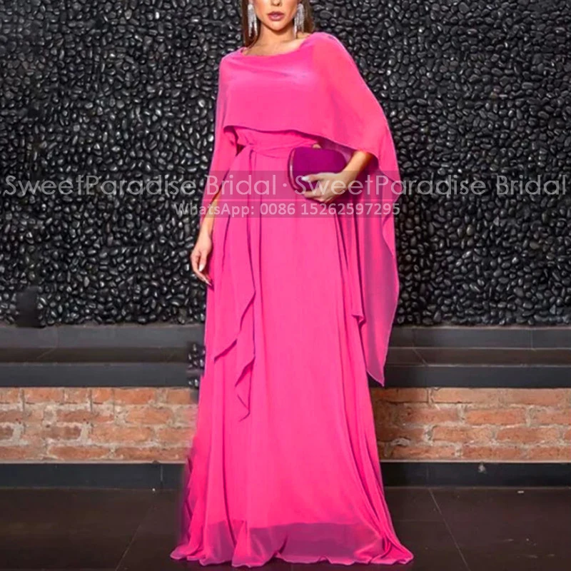 

Plus Size Long Mother of the Bride Dresses Customized A Line Shawl Half Sleeves Hot Pink Chiffon Formal Evening Dress Party