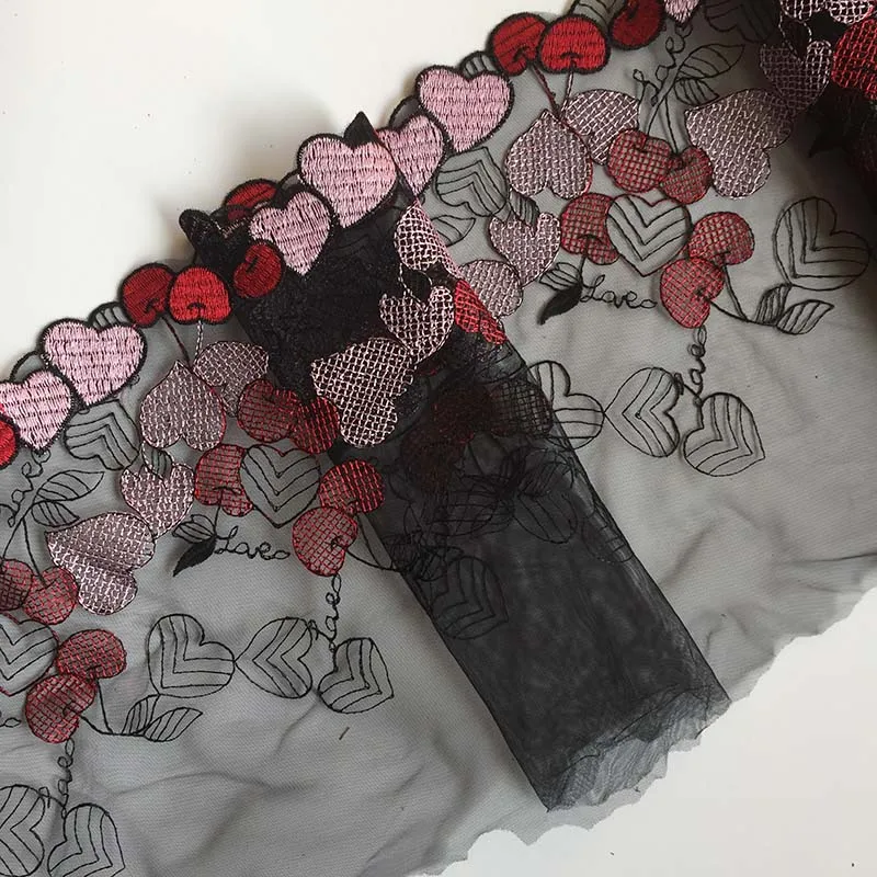 2Yards Heart Cherry Embroidered Lace Trim Black Mesh Clothes Accessoriesy Lingerie Bra Evening Dress Sewing Crafts