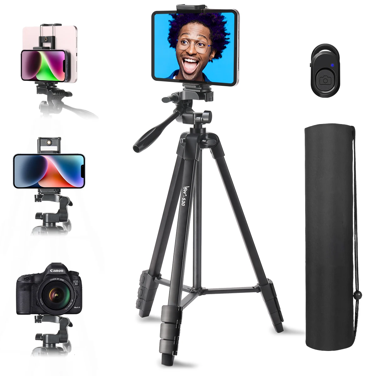 150cm Phone Tripod Camera Tripod for iPad Pro &  Alloy Tripod Stand Lightweight Bluetooth Remote & Tablet Holder for E-Book