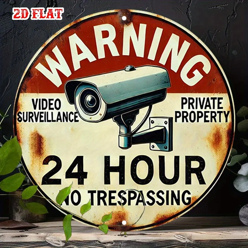 2D Flat, 1pc Vintage Security Warning Sign  Round Aluminum No Trespassing Metal Sign with Video Surveillance & Private