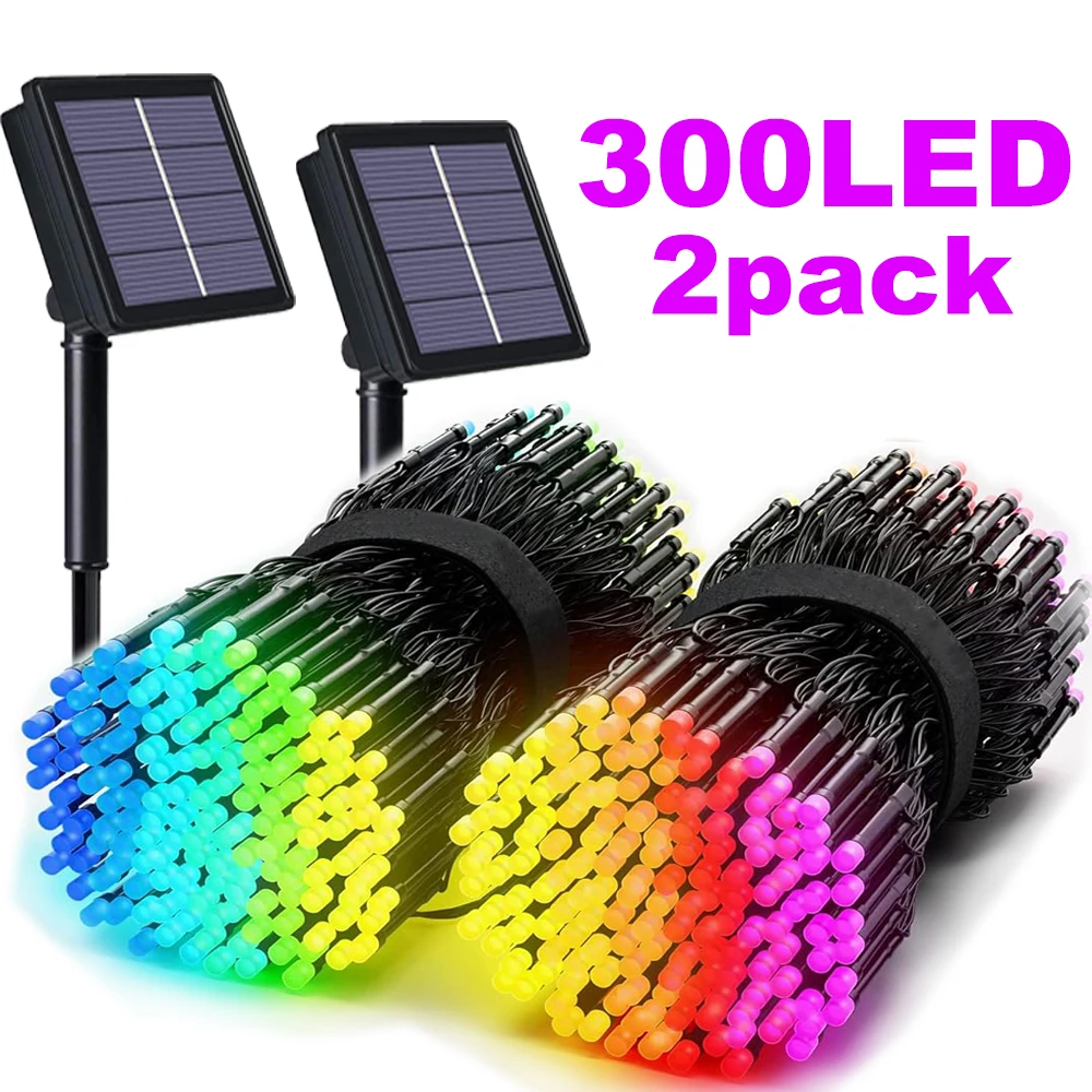 2 Pack Zonne-Energie Lichtslingers 8 Modi 300 Led Lichtslinger Waterdichte Kerstverlichting Voor Feest Bruiloft Kerstversiering