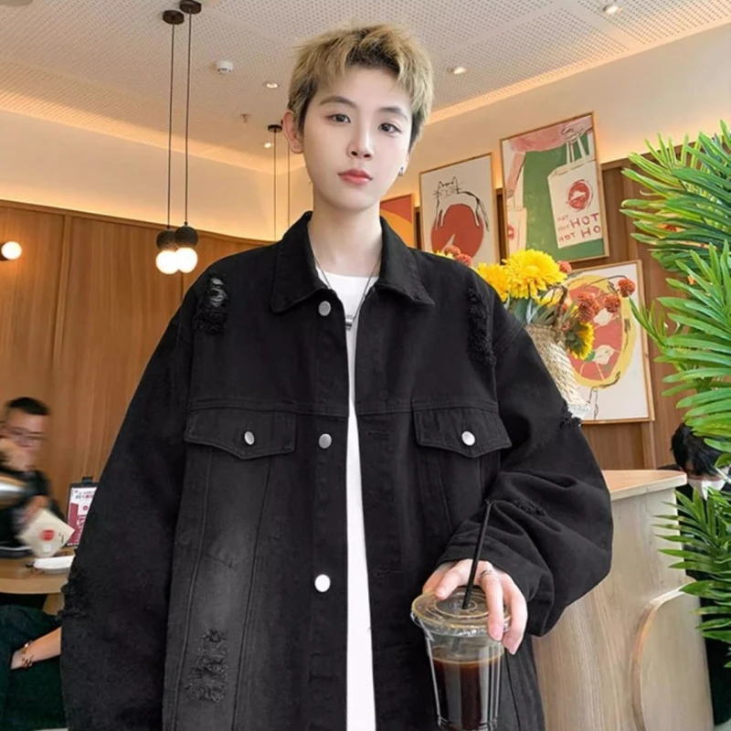 

Autumn with Hole Men's Denim Jacket Branded Casual Outwear Korean Popular Clothes Loose Fast Delvery Vintage Y2k Male Jean Coats