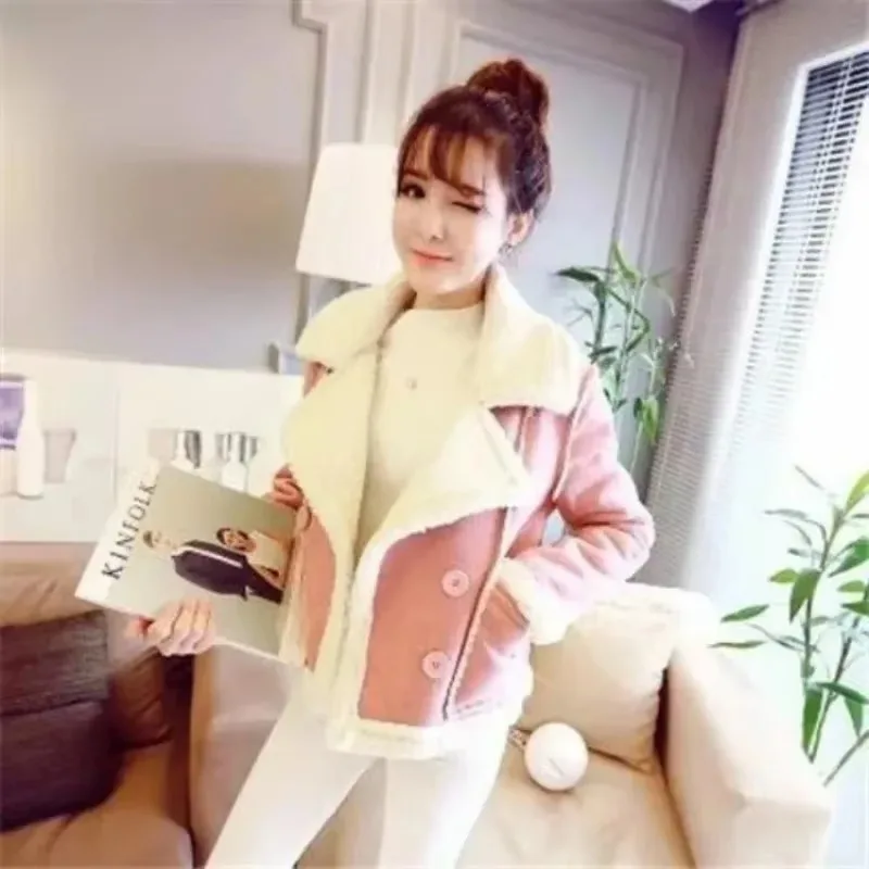 Frauen Winter Mantel Top Herbst Frauen Revers Wildleder Leder Tasche Kühlen Pilot Jacke Faux Lamm Wolle Motorrad Jacken 2023 Neue Warme