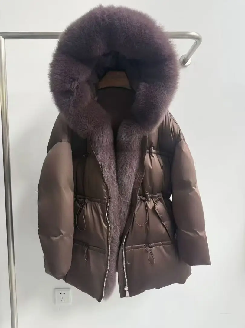 معطف نسائي متوسط الطول بياقة من الفرو من Jaet باللون الأبيض من Thiened معطف دافئ للتنقل النسخة الكورية #3