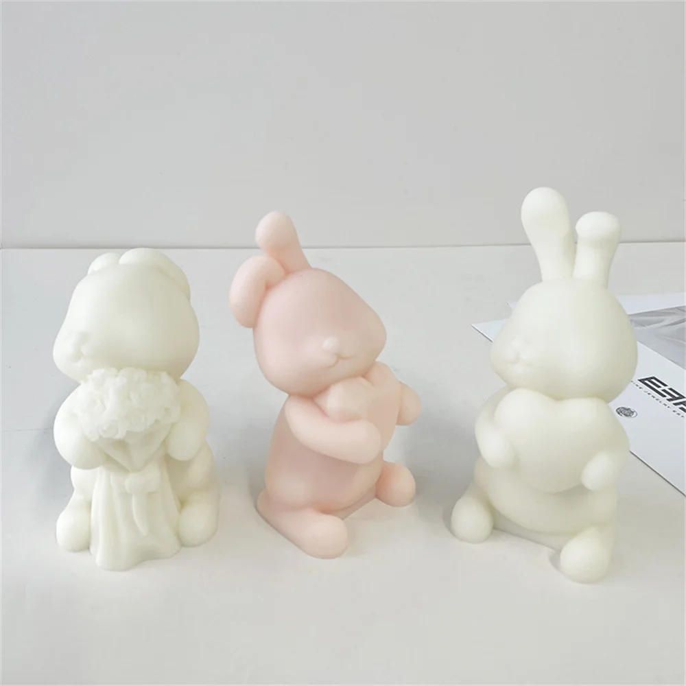 Cute 3D Easter Bunny Candle Soap Slicone Mold DIY Lovely Holding Heart Rabbit Craft Ornament Resin Mould Home Decor Handicraft