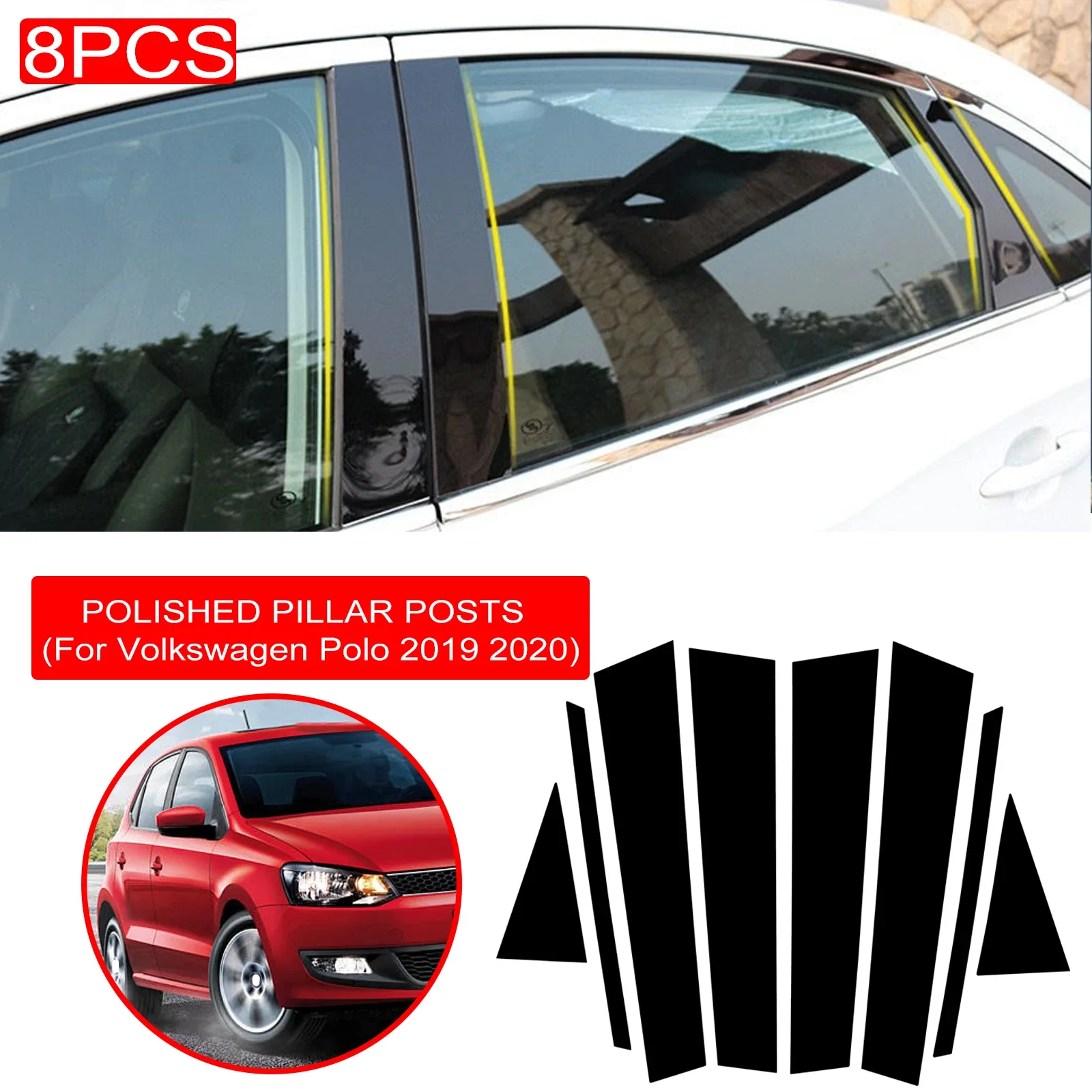 

8Pcs For Volkswagen VW Polo MK6 2019 2020 Car Door Window Column BC Pillar Post Cover Trim PC Sticker Car Accessories Black